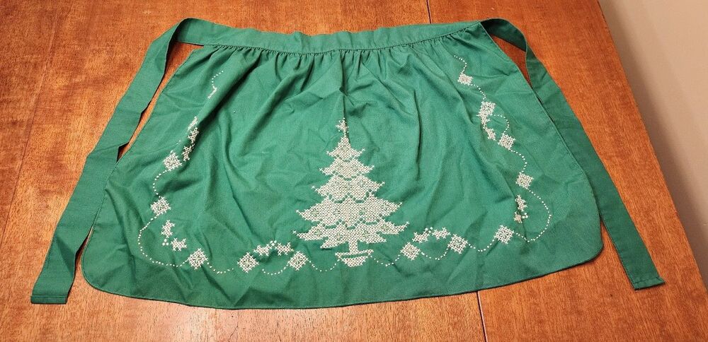 Vintage Christmas Green and white Apron with embroidery